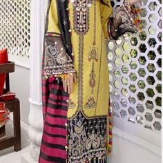 New 3 Piece Anaya By Kiran Laxuary Lawn Yellow Dabka Lawn Suit For Festive Occasions, Festive Yellow Lawn Suit With Dabka Details, Festive Yellow Lawn Suit With Dabka, Unstitched Yellow Lawn Suit With Naqshi, Long Sleeve Lawn Suit In Yellow With Naqshi Detailing, Traditional Yellow Lawn Suit With Dabka Work, Yellow Lawn Suit With Dabka For Festivals, Yellow Semi-stitched Traditional Wear With Naqshi, Semi-stitched Yellow Salwar Kameez With Dabka