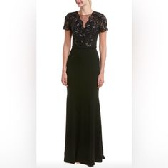 New With Tags, Never Worn. Black Crepe Gown With Short Sleeve Lace And Beaded Bodice. Elegant And Classic. Size 6-Fits True To Size. Theia Dresses, Crepe Gown, Floral Gown, Resort Dresses, Beaded Bodice, Crochet Halter Tops, Black Gown, Tweed Dress, Maxi Gowns