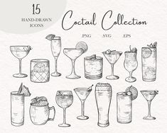 hand drawn cocktails and drinks in glasses on white paper with the words cocktail collection