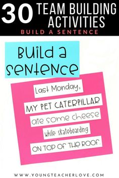 a poster with the words build a sentence in black and white on pink, blue and green