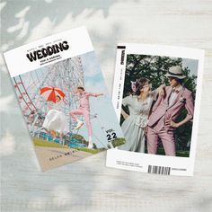 the wedding magazine is on display next to an image of two people in pink suits