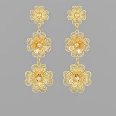 Crystal & 3 Flower Filigree Drop Earrings - Material: Brass - Embellishment: Crystal - Closure: Fish Hook - Length: 2 Inches Elegant Filigree Flower Earrings, Gold Filigree Drop Flower Earrings, Luxury Gold Plated Filigree Earrings, Ornate Gold Filigree Clip-on Earrings, Gold Flower-shaped Elegant Chandelier Earrings, Sea Earrings, Pineapple Earrings, Aqua Beads, Open Hoop Earrings