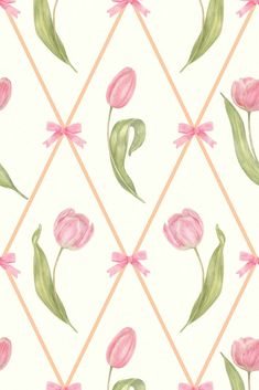 pink tulips and green leaves on a white background with geometric lines in the background