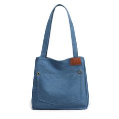 Women Casual Simple Canvas Shoulder Bag Dec 2021 New Arrival One Size Blue Student Bag, Patchwork Bags, Vintage Models, Casual Tote, Canvas Shoulder Bag, Types Of Bag, Blue Bags, Bag Pattern, Large Bags