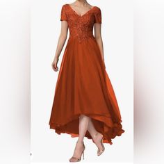 Brand New Never Worn Burnt Orange Dress Size 10 Fitted V-neck Mother Of The Bride Dress For Wedding, Lace Wedding Dress For Prom Season, Spring Wedding Floor-length Mother Of The Bride Dress, V-neck Wedding Dress For Evening And Prom Season, Evening V-neck Wedding Dress For Prom Season, V-neck Wedding Dress For Prom Season Evening, V-neck Wedding Dress For Prom Evening, Lace Evening Dress For Mother Of The Bride, Orange Wedding Dresses