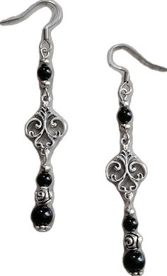 Gothic Silver Jewelry With Black Beads, Gothic Black Beaded Metal Jewelry, Gothic Metal Jewelry With Black Beads, Black Victorian Pierced Earrings, Gothic Onyx Jewelry For Gift, Victorian Black Pierced Earrings, Victorian Style Black Enamel Jewelry, Victorian Black Enamel Jewelry, Black Victorian Jewelry With Black Enamel