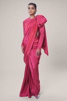 Pink handwoven solid saree. Comes with an unstitched blouse piece. - Aza Fashions Designer Saree With Draped Sleeves, Designer Silk Pre-draped Saree With Draped Sleeves, Traditional Pre-draped Saree For Diwali With Draped Sleeves, Traditional Wedding Saree With Draped Sleeves, Festive Saree Blouse Piece With Draped Sleeves, Traditional Blouse With Draped Sleeves For Reception, Bollywood Style Fitted Pre-draped Saree In Slub Silk, Traditional Blouse With Draped Sleeves, Silk Saree Blouse With Draped Sleeves