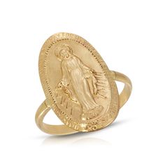 A Virgin Mary Ring has a half round band. Super comfortable and made in high quality, yet affordable metal, for all day everyday wear. This Virgin Mary Ring is a stunner. 14K Gold Filled Mary is 20mm x 13mm, band is 2mm wideMade to order in any size! If you need a 1/2 size, please mention your size in the notes at checkout.Gold Filled has 100 times more gold than gold plated jewelry. You can swim, shower, etc, this ring is made to wear exactly like solid 14K Gold and will not chip or fade or lea Virgin Mary Gold Ring, Virgin Mary Ring, Vintage Virgin Mary, Gold Oval Ring, All Day Everyday, Plated Jewelry, Virgin Mary, Gold Plated Jewelry, Precious Metals