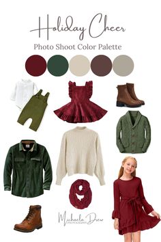 the holiday cheer photo shoot color palette includes green, red and white sweaters, brown boots