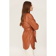 Brown faux leather (100% Polyurethane). Jacket. Collared neckline. Long sleeves. Button front with tie closure. 21" from shoulder to hemline. Imported. Brown Faux Leather Outerwear For Office, Brown Faux Leather Outerwear For Work, Chic Faux Leather Belted Outerwear, Faux Leather Button-up Office Outerwear, Chic Belted Faux Leather Outerwear, Chic Collared Faux Leather Jacket, Fall Faux Leather Button-up Outerwear, Fall Leather Button-up Jacket For Office, Collared Faux Leather Outerwear For Work