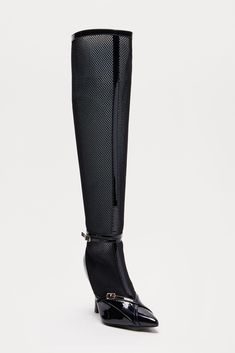 Available In Black/Black. Knee High Heeled Boots Buckle Detail Pointed Toe 4.25" Ultra High Heel Imported | Jules Mesh Knee High Boots in Black/Black size 7 by Fashion Nova Fitted Black Knee-high Boots With Reinforced Heel, Fitted Synthetic Heeled Boots For Evening, Black High Heel Knee-high Boots, Black Synthetic Knee-high High Heel Boots, Black Synthetic High Heel Knee-high Boots, Black Fitted Knee-high Boots, Sleek Fitted Black Knee-high Boots, Black Knee-high Heels With Reinforced Heel, Black Heeled Boots For Winter Evenings