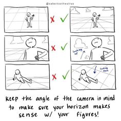 a comic strip showing how to take pictures with your camera and the text keep the angle of the camera mind to make sure your horizon makes sense w / your figures