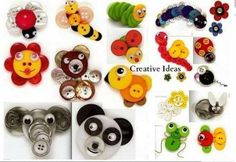 several different types of buttons with eyes and nose designs on them, all in various shapes and sizes