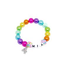 This adorable name bracelet features a rhinestone number charm, acrylic alphabet beads, resin rhinestone beads and a bright rainbow of 10mm acrylic pearls double strung with durable stretch floss cord. Please select the number charm from the drop down menu. The size of your bracelet will be made to fit the age that corresponds to the chosen charm. Example - if you select the number 5 charm, the bracelet will be made to fit a 5 year old. Your bracelet will arrive in an organza bag making it ready Personalized Beaded Bracelets For Birthday, Cute Name Bracelet With Round Beads For Birthday, Custom Name Beaded Bracelet For Birthday, Customizable Charm Bracelet For Birthday, Playful Beaded Charm Bracelet For Birthday, Personalized Playful Beaded Bracelets For Birthday, Playful Personalized Bracelets For Birthday, Cute Custom Name Beaded Bracelets For Birthday, Playful Bracelets For Birthday And Mother's Day