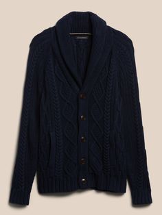 Anchored to luxury, this sumptuous cardigan is crafted from soft, organic cotton using a mix of chunky cable-knit and ribbed stitches.  Every cable is inspired by nautical ropes, great for layering throughout the season, especially when the sea is ca Shawl Collar Cardigan, Nautical Rope, Cable Knit Cardigan, Knit Stitch, Shawl Collar, Banana Republic, Cable Knit, Ribbed Knit, Shawl