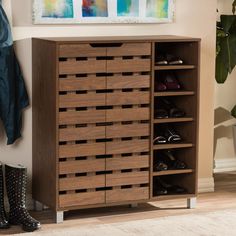 Baxton Studio Shirley Modern and Contemporary Walnut Medium Brown Wood 2-Door Shoe Cabinet with Open Shelves FredCo theFredCo Rak Sepatu Diy, Shoe Cabinet Design, Shoe Cabinet Entryway, Wood Shoe Storage, Wooden Shoe Racks, Wood Storage Cabinets, Wooden Shoe, Wood Shoes, Baxton Studio