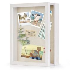 a shadow box with pictures and postcards on the inside is filled with palm trees