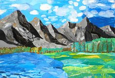 an acrylic painting of mountains and a lake