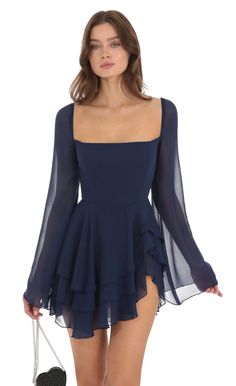 Chiffon Bell Sleeve Dress in Navy | LUCY IN THE SKY Square Neck Chiffon Mini Dress For Party, Flowy Chiffon Dress For Night Out, Party Square Neck Chiffon Mini Dress, Party Mini Dress With Square Neck, Flowy Chiffon Mini Dress With Square Neck, Flowy Chiffon Dress For Date Night, Mini Length Chiffon Dress For Date Night, Ruffled Chiffon Dress For Night Out, Chic Fitted Chiffon Dress