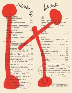 a menu for a restaurant with red paint on it