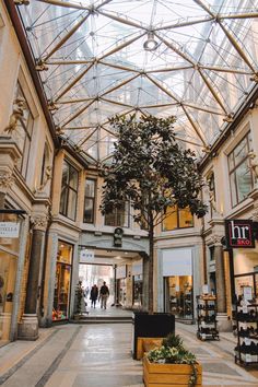 the inside of a shopping mall with people walking around and trees in the middle of it