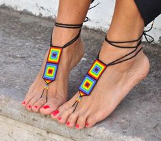 Peyote Barefoot Sandals Native American Jewelry Rainbow - Etsy Festival Sandals, Unique Sandals, Rainbow Flower, Hula Hoop, Lace Making, Mexican Art, Rainbow Flowers, American Jewelry, Art Festival