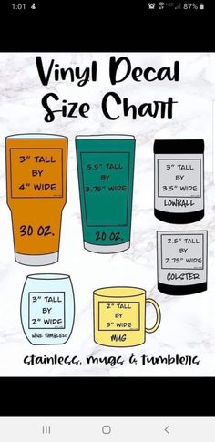 an advertisement for the vinyl decal size chart, featuring coffee cups and mugs