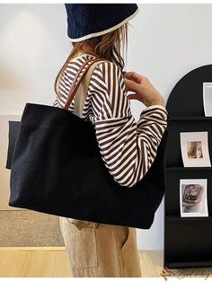 BirdinBag - Stylish Canvas Shoulder Tote: Womens Casual Medium Handbag for Shopping Black Canvas Bags With Large Capacity, Trendy Black Canvas Shopping Bag, Black Canvas Shoulder Bag For Daily Use, Black Canvas Satchel Bag For Daily Use, Black Satchel Canvas Bag For Daily Use, Black Canvas Satchel For Daily Use, Black Canvas Satchel Bag, Trendy Black Canvas Satchel, Black Handheld Canvas Shoulder Bag