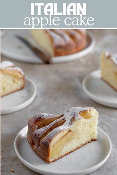 this italian apple cake is topped with powdered sugar and drizzled with icing