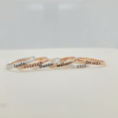 This personalized stacking ring features a unique and stylish handwriting font or serif font, adding a personal touch to your jewelry collection. Handmade with care, each ring is crafted with 14k gold filled or fine silver materials for a luxurious look and feel. Make a statement with this modern and customizable piece. Stylish Handwriting, Design Your Own Ring, Ring Spacer, Personalized Ring, Round Pendant Necklace, Personalized Rings, Bead Charm Bracelet, Serif Font, Stacking Ring