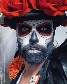 Skull Makeup For Men With Beards, Skull Neck Makeup, Dias Los Muertos Makeup, Day Of The Dead Makeup Men Beard, Male Sugar Skull Makeup, White Lenses Makeup, Mens Sugar Skull Makeup, Day Of The Dead Face Paint Men