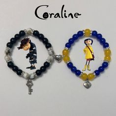 Adorable Cute Coraline and Wybie friendship couple boyfriend girlfriend best friend matching charm bracelets with magnetic heart charms handmade Matching Coraline Bracelets, Coraline And Wybie Bracelets, Couple Bracelet Ideas, Coraline Bracelet, Aesthetic Beaded Bracelets, Matching Bracelets For Best Friends, Friendship Bracelets Matching, Coraline Halloween Costume, Coraline Halloween