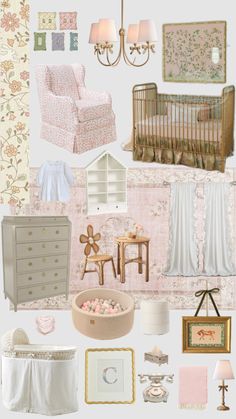 a collage of baby's nursery items including a crib, dresser and bed