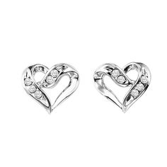 Created in sterling silver, these lightweight open heart diamond stud earrings feature sparkling round brilliant cut diamonds that are beautifully channel set, nestled in the graceful ribbon heart-shaped designs. These petite diamond heart studs make the perfect anniversary or birthday gift, or a treat for someone who loves the timeless look of diamond heart jewelry. Diamond clarity is I1-I2, color is G-H. FE1133-SSD Diamond Heart Jewelry, Heart Shaped Diamond Earrings, White Gold Diamond Earrings, Silver Diamond Earrings, Heart Shaped Earrings, Heart Shaped Diamond, Heart Studs, Heart Earrings Studs, Sterling Silver Heart