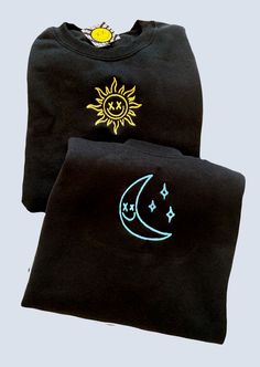 ✰COMES WITH TWO! Item 1 refers to the sun (Pictured is Black X Yellow Thread) Item 2 refers to the moon (Pictured is Black X Light Blue Thread) ✰Embroidered Matching Sets✰UNISEX✰Hand drawn and designed✰Super soft and comfy! *Sizes 2XL-3XL may be subject to longer processing times since we don't carry a large amount of inventory in those sizes, so we would have to put in a special order from our supplier! Thank you for understanding. Black Crew Top With Custom Embroidery, Black Crew Neck Top With Sun And Moon Design, Sun And Moon Matching, Moon Hoodie, Matching Hoodies, Moon Pictures, Sun And Moon, To The Moon, Matching Sets