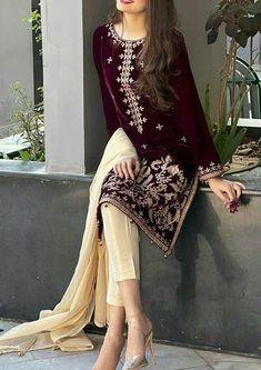 Winter wedding designer suit, wine colour velvet embroidered kurti with beige straight pant and dupatta is perfect for wedding functions, festival and party wear The kurti has beautiful resham thread embroidery with straight pant and dupatta This is customise outfit so If you want any changes in the outfit please contact us we will guide you as per your preference. ✨We assure you that we use only high quality fabric and threads to make any dress and you won't face any problem regarding fabric. ✨ Elegant Designer Velvet Salwar Kameez, Long Sleeve Velvet Salwar Kameez With Dabka Work, Velvet Salwar Kameez With Dabka Work And Long Sleeve, Elegant Semi-stitched Velvet Kurta, Elegant Semi-stitched Velvet Salwar Kameez, Velvet Long Sleeve Salwar Kameez With Resham Embroidery, Elegant Velvet Salwar Kameez With Straight Kurta, Velvet Salwar Kameez With Dupatta And Long Sleeves, Velvet Long Sleeve Salwar Kameez With Dupatta