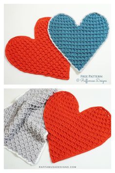 two crocheted hearts sitting next to each other