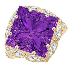 Feast your eyes on the splendid V-cut square amethyst, held in an ornate vintage-inspired setting. The diamonds surrounding this velvety purple gem and on the shank glitter exceptionally, while the fine milgrain work completes the old world vibe of this 14k yellow gold ring. Luxury Purple Amethyst Rectangular Ring, Luxury Purple Amethyst Ring, Rectangular Shape, Luxury Purple Rectangular Amethyst Ring, Amethyst Ring Vintage, Purple Gems, 14k Rose Gold Ring, 18k Yellow Gold Ring, V Cut, V Cuts