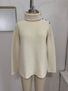 "vintage Ralph Lauren cotton sweater button turtle neck which opens silver snowflakes buttons size: M measures total length: 24.5\" shoulder: 16\" across chest: 22\" arm: 23\" 100% cotton care: dry clean or machine wash" Elegant White Polo Sweater For Winter, Elegant Winter Polo Sweater With Buttons, Winter Cream Polo Sweater, Cream Polo Sweater For Winter, White Wool Sweater With Button Closure, Cable Knit Sweater Cardigan, Chunky Wool, Cotton Sweater, Pink Candy