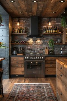 a kitchen with an oven, counter and rug