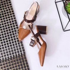 Lasaky - Fashionable High Heel Shoes for Women's Style Trendy Brown Flat Heel Heels, Trendy Brown Flat Heels, Brown Pointed Toe Block Heels For Summer, Trendy Brown Pointed Toe Sandals, Brown Pointed Toe Block Heels For Party, Trendy Brown Closed Toe Block Heels, Brown Pointed Toe Sandals For Fall, Brown Synthetic Block Heels With Round Toe, Brown Pointed Toe Block Heels With Heel Strap