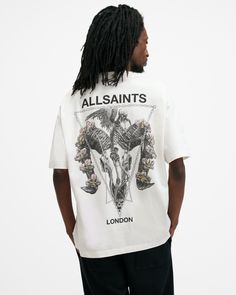 You might have seen this one before. The Geist T-Shirt features one of our hand-drawn prints taken from our archive – it combines florals and our signature AllSaints Ramskull. Crafted from organic cotton, it's oversized with a crew neck and short sleeves – these styles remain an AllSaints staple.   This t-shirt is designed to be worn oversized If you are between sizes or prefer a closer fit, we recommend sizing down Pullover Crew neck Short sleeves Thicker ribbed neckband Twin needle stitch deta All Saints Men, Spring Floral Dress, Chalk White, Jumpsuit Shorts Rompers, Long Black Dress, Satin Slip Dress, Oversized T Shirt, Plus Size Pregnancy, Workwear Dress