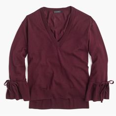 J Crew Merino Wool V-Neck Wine Red Drawstring Sleeve Sweater Pal5000 Burgundy V-neck Top For Winter, Drawstring Sleeve, Jcrew Sweater, Argyle Sweater, Jcrew Women, Merino Wool Sweater, Wrap Sweater, Wool Blend Sweater, Ribbed Sweater