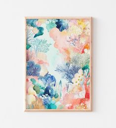 an abstract painting with corals and seaweed in pastel colors on a white wall