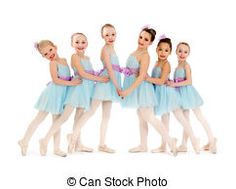 six young ballerinas in blue dresses posing for the camera with their arms around each other