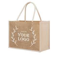 a jute bag with the words your logo printed on it and a laurel design