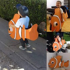 a collage of photos shows a child in an orange fish costume