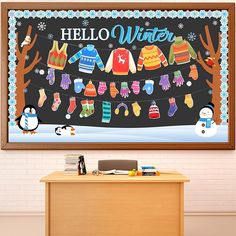 a bulletin board with clothes hanging from it's sides and snowmen on the ground