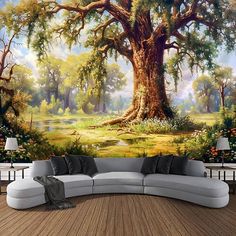 a living room with a large mural on the wall and couch in front of it