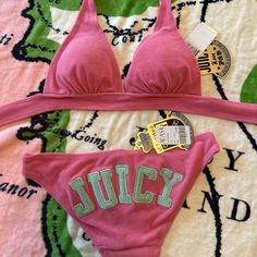 New With Tags Vintage Juicy Couture Pink Terry Cloth 2piece Bikini Swimsuit Surf Royalty Discontinued Swimwear Line By Juicy Couture Both Pieces Size Small Pink Triangle Halter Style Top With Ties At Neck And Around The Back Removable Padding Pink Bottoms Feature Juicy In Green Across Back Bum Please See All Measurements And Compare To A Swimsuit You Already Own To Ensure Correct Fit No Returns On Swimwear Or Vintage Items Smoke Free Deadstock Juicy!! Check Out My Other Rare Juicy Couture Items Cassie Pink Swimsuit, Pink Jucie Couture, Trendy Fitted Pink Swimwear, Couture Aesthetic, Juicy Couture Clothes, Y2k Mcbling, Juicy Couture Vintage, Swimwear Line, Vintage Juicy Couture